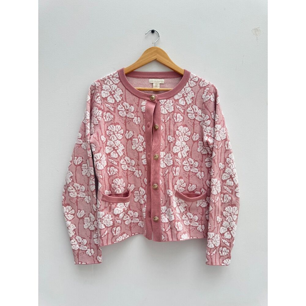 Cynthia Rowley Pink Floral Cardigan Gold Buttons Size M